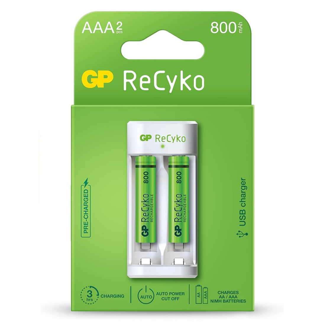 GP ReCyko USB Charger With 2 X 800mAh AAA Rechargeable Battery